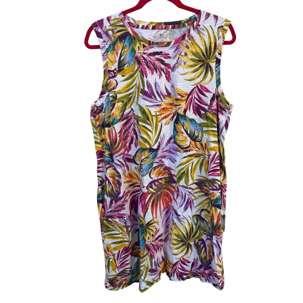 St John’s Bay Tank Dress XL Sleeveless Tropical Print Cotton Shift Multicolor